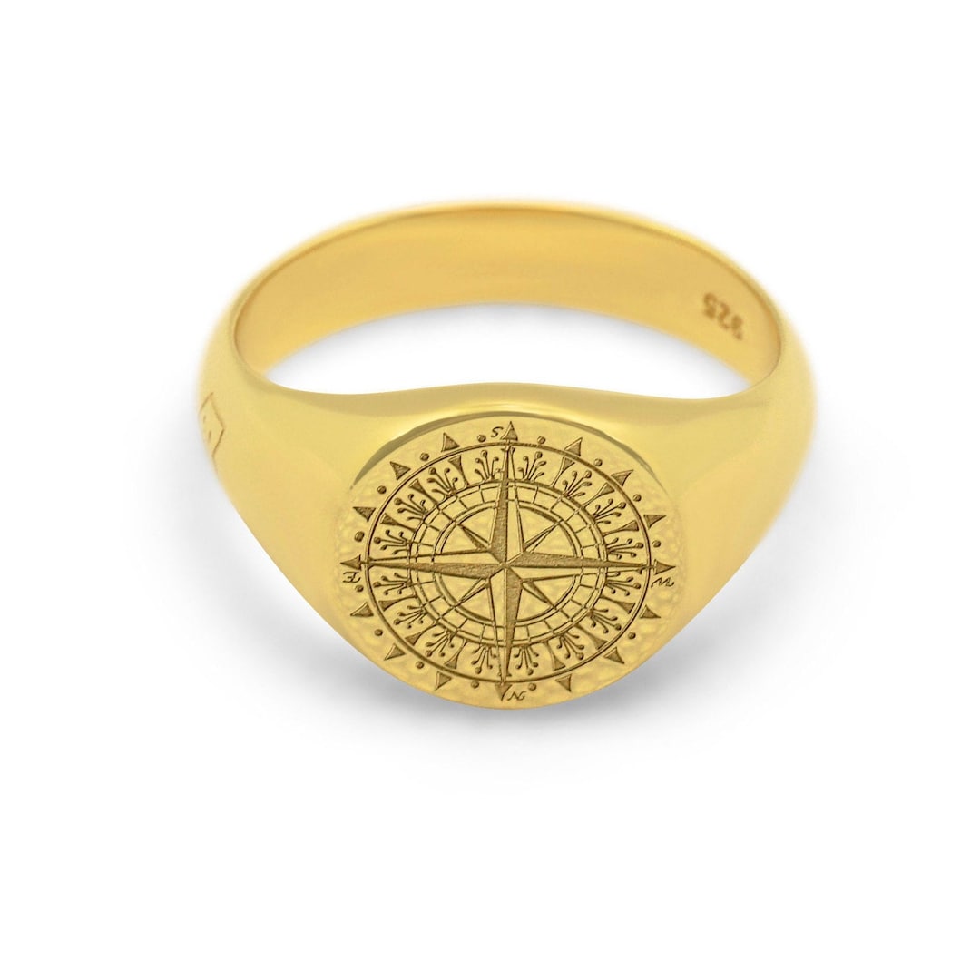 Men's Gold Ring With Coat of Arms Engraving Maritime Compass in 925 Sterling Silver Gold Plated