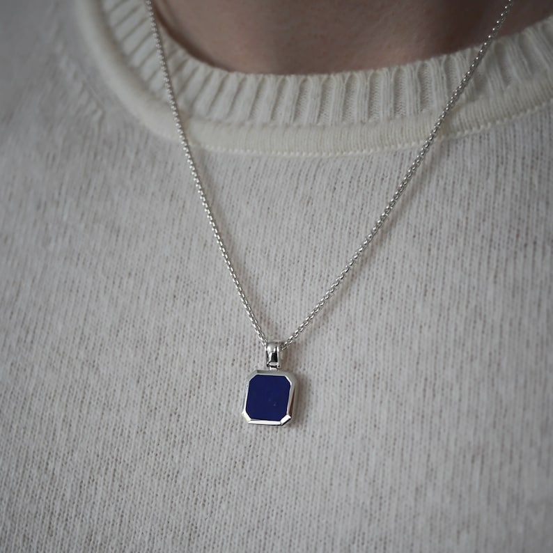 Mens Silver Box Necklace with blue lapis stone pendant sterling silver necklace for men fashionable mens jewelry sprezzi fashion