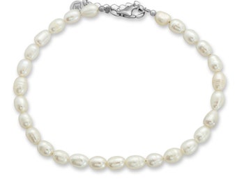Pulsera de perlas para hombre plata de ley 925 perlas genuinas de agua dulce tamaño ajustable hecha a mano incl. caja de regalo