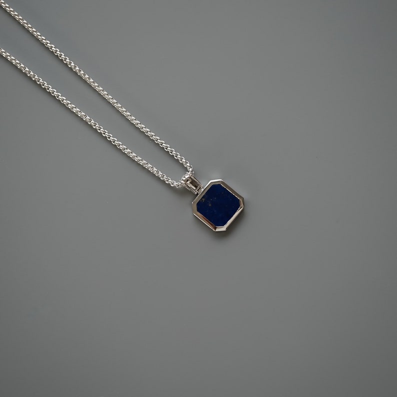 Mens Silver Box Necklace with blue lapis stone pendant sterling silver necklace for men fashionable mens jewelry sprezzi fashion