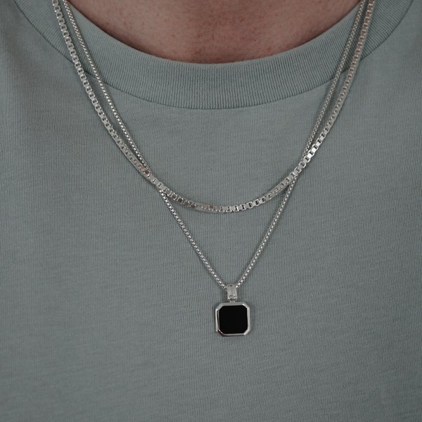 Collar para hombre de plata con colgante de piedra de ónix en plata de ley 925 Collar colgante moderno ajustable sólido con caja de regalo