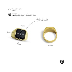 Quadratischer Herrenring aus 925 Sterling Silber mit schwarzem Onyx und glänzender 18 Karat Vergoldung, handgefertigt und etwa 12 Gramm schwer. Luxuriöses Design von Sprezzi Fashion.