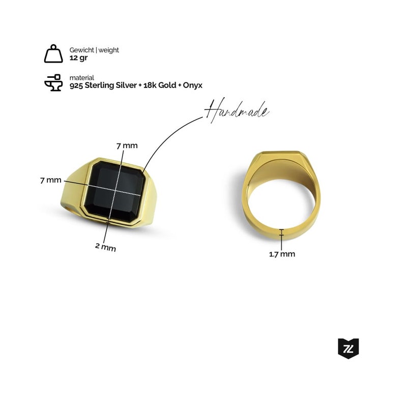 Quadratischer Herrenring aus 925 Sterling Silber mit schwarzem Onyx und glänzender 18 Karat Vergoldung, handgefertigt und etwa 12 Gramm schwer. Luxuriöses Design von Sprezzi Fashion.