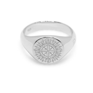 Bague argent homme boussole maritime gravure armoiries argent sterling 925 rond poli | Bijoux homme fait main avec emballage cadeau