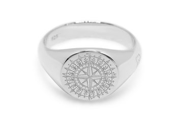 Signet Ring Men Silver handmade ring maritime compass coat of arms engraving 925 sterling silver round polished handmade men&#39;s jewelry