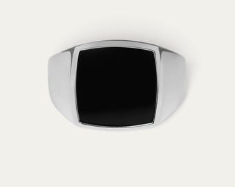 BLACK ONYX SIGNET Ring For Men: Modern Square 925 Sterling Silver Band And Polished Minimalist Gemstone Jewelry Gift