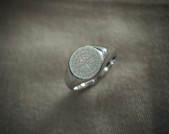 Herren Siegelring Silber Ring mit Kompass Wappen Gravur 925er Sterling Silber rund poliert handgearbeiteter Männerschmuck