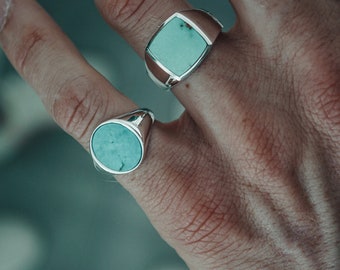Signet Ring Men Silver handmade ring round with stone turquoise 925 sterling silver pinky oval polished noble modern men's jewelry