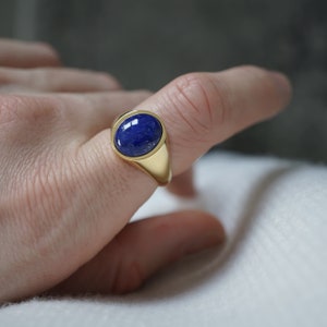Men's Ring Gold Signet Ring Lapis Gemstone Blue 925 Sterling Silver 14k Gold Plated Oval Polished Modern | Men's Jewelry with Gift Box