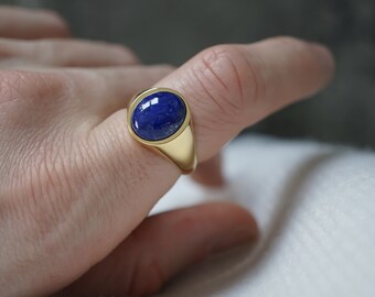 Herren Ring Gold Siegelring Lapislazuli Edelstein Blau 925er Sterling Silber 14k vergoldet oval poliert modern