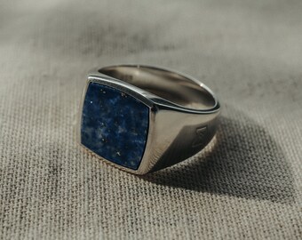 Herren Silber Ring Siegelring mit blauem Lapislazuli Stein aus 925er Sterling Silber poliert eckig massiv