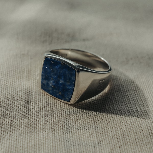 Bague argent homme avec pierre lapis bleu bague chevalière en argent sterling 925 polie angulaire massive | Bijoux homme modernes