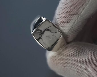 Signet Ring Men Silver handmade ring with magnesit gemstone white from 925 sterling silver polished angular solid modern men's jewelry