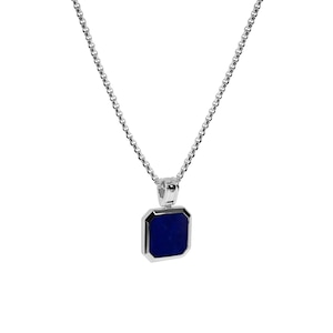 Mens Silver Box Necklace with blue lapis stone pendant sterling silver necklace for men fashionable mens jewelry sprezzi fashion