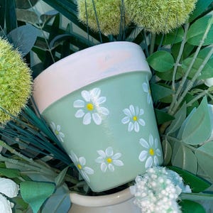 May include: A green terracotta flower pot with a pink rim, painted with white daisies. The daisies have yellow centres.