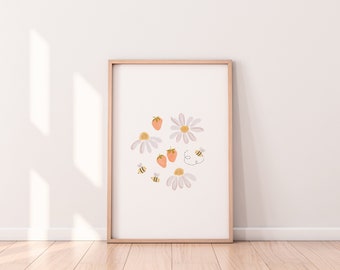 Berry Daisy Print | Digital Download | Nursery Printables | Baby Girl Print | Girls Room Print | Wall Art | Poster Print | Cute Art Print