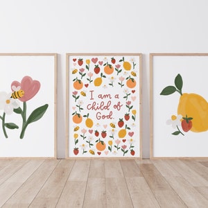 I Am A Child Of God Floral Fruit Print Bundle | Digital Download | Nursery Girls Printables | Printable Wall Art | Kids Room Prints