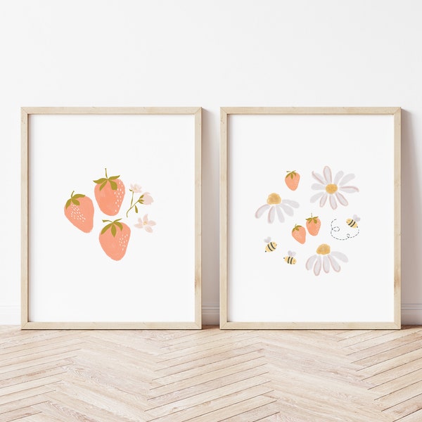 Strawberries and Daisy Bundle | Digital Download | Nursery Girls Printables | Printable Wall Art | Poster Print | Kids Room Prints