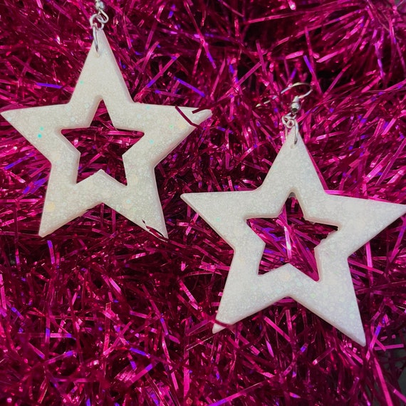 White Glitter Star Earrings Resin 70s Vibes Disco quirky Bold Accessories  made to Order Big Earrings Cute 80s Costume 
