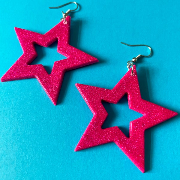 Neon Pink Glitter Star Earrings- Resin-70s Vibes -Disco -Quirky -Accessories -Made to order -Big Earrings -Cute -80s-Costume- Women