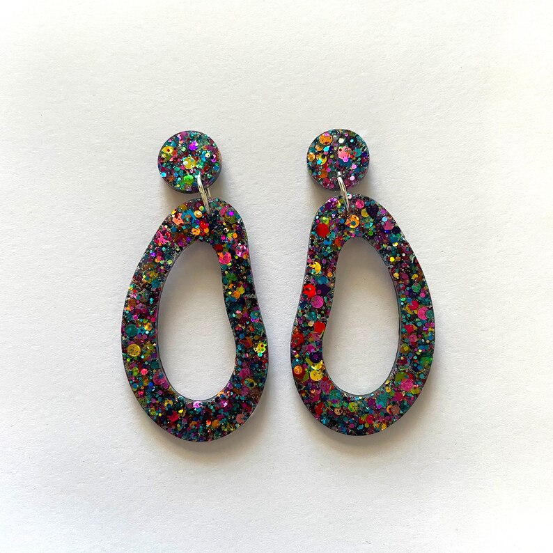 Rainbow Glitter Stud Earrings Abstract Big Earrings Bespoke One of a kind Bold Statement Jewellery Colourful Women Unisex Pear image 2