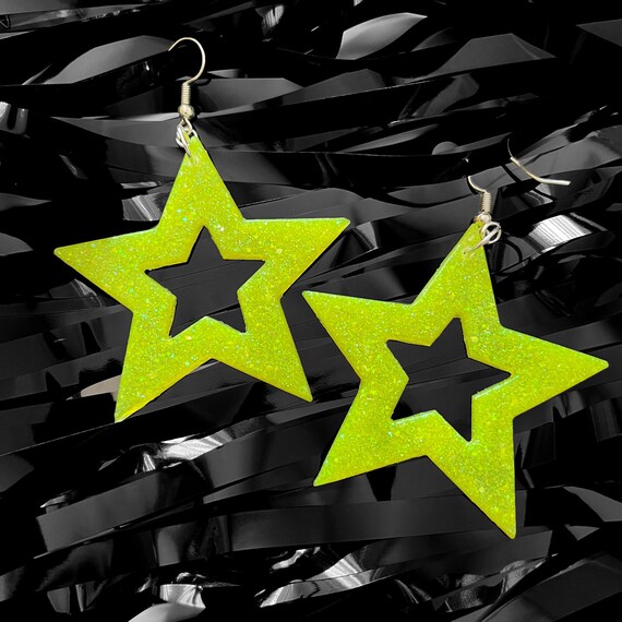Neon Yellow Star Earrings Resin 70s Vibes disco Quirky bold