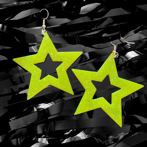 Neon Yellow Star Earrings Resin -70s Vibes -Disco- Quirky-Bold-Accessories-Made to order -Big Earrings - Cute- 80s -Costume- Women