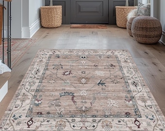 Brown Area Rug, Turkish Rug, Traditional Rug, Oushak Vintage Style Woven Chenille Cotton Boho Farmhouse Rustic Interior Carpet