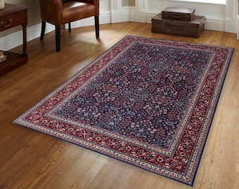 Oriental Rug, Dark Blue Red Area Rug, Washable Rug,  Antique Inspired Hereke Pattern Floral Design Carpet for Living Room made in Turkey