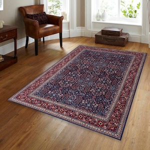 Oriental Rug, Dark Blue Red Area Rug, Washable Rug, Antique Inspired Hereke Pattern Floral Design Rug Persian Rug Living Room Bedroom Luxury