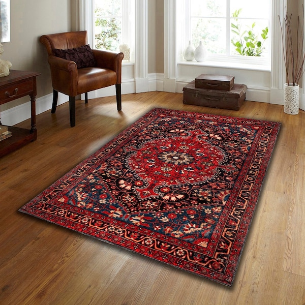 Special Red Blue Area Rug Carpet Machine Washable Mat Living Room Vintage Style Classic Oriental Traditional Persian Moroccan Boho BRAND NEW