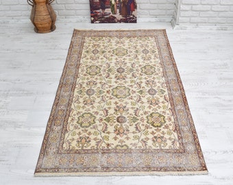 Oushak Runner Rug, Turkish Vintage Rug, 3.8x6.9 rug, Turkish Rug, Runner Rug, Boho Rug, Entry Rug, Kitchen Rug, Bohemian Home Rug, Pale Rug