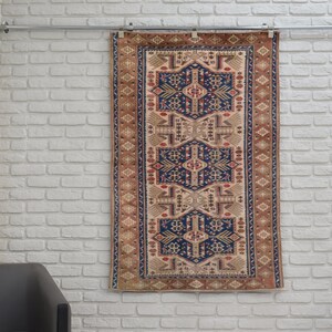 Vintage Turkish Rug, Kitchen Decor Rug, Runner Rug, Wool Hand Knotted Oushak Short Runner Rug,Entry Runner Rug, 3&#39;5&quot; x 5&#39;2&quot;  (105x160cm)