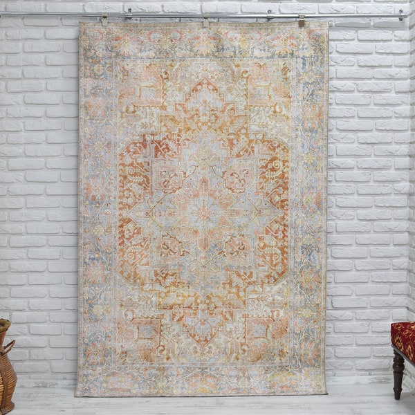 Area Rug 5x7, Turkish Rug, Earthtones terracotta geometric vintage design rug, farmhouse living room rug boho bedroom rug, 3x5 , 4x6 , 6x9