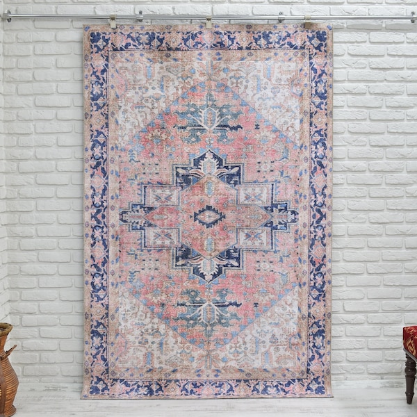 Pink Turkish Rug / Vintage Faded Pink Blue Area Rug for Living Room / Pink Oushak Rug / Bedroom Rug, Large Rugs mute pink boho bohemian rug