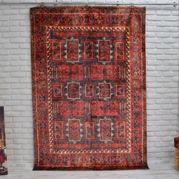 Red Turkish Rug, Afghan Rug, Red Kilim Rug, Mid Century Modern geometric vintage design rug, farmhouse living room rug boho bedroom rug