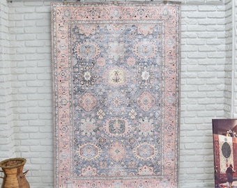 Turkish Oushak Style Area Rug, Blue Pink Boho Farmhouse Carpet, Chenille Cotton Blend Washable Rugs