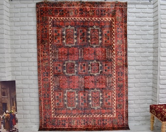 Tapis turc rouge, tapis afghan, tapis kilim rouge, tapis au design vintage géométrique moderne du milieu du siècle, tapis de salon de ferme boho