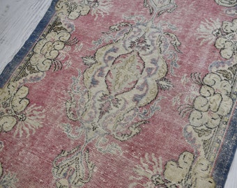 Tapete único, tapete turco, tapete vintage, tapete boho, tapete rosa, tapete antigo para decoração de casa, tapete Oushak, tapete desbotado, 2,16 x 1,37 m