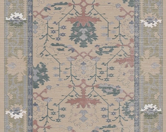 May include: A beige area rug with a detailed, intricate pattern in shades of blue, green, and pink. The rug has a border with a repeating pattern.