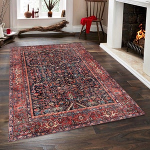 Turkish Area Rug, Dark Blue Red Vintage Pattern, Washable Carpet made of Cotton Chenille