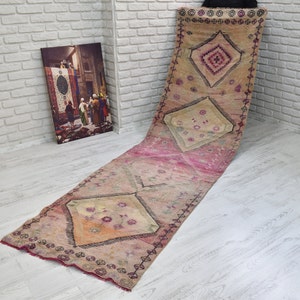 Alfombra de 3x10, alfombra tribal tipo pasillo, alfombra turca vintage hecha a mano en tonos tostados, beiges y rosas - Decoración para el hogar natural hecha en Turquía
