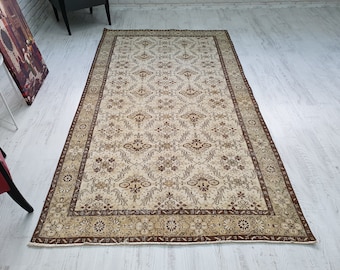 Hand Knotted Rug, Turkish Rug, Vintage Rug, Wool Carpet, Neutral Area Rug in Beige-Brown-Green 5.4 x 9.8 ft (163x298cm)