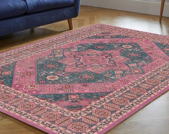 Floor Rug Turkish Area Rug Pink Green Traditional Style Washable Carpet made of Durable Materials Chenille Cotton