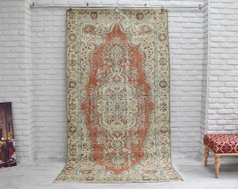 Turkish Rug, Orange Rug, Vintage Handknotted wool carpet for bohemian bedroom living room decor (4.9 x 9ft)