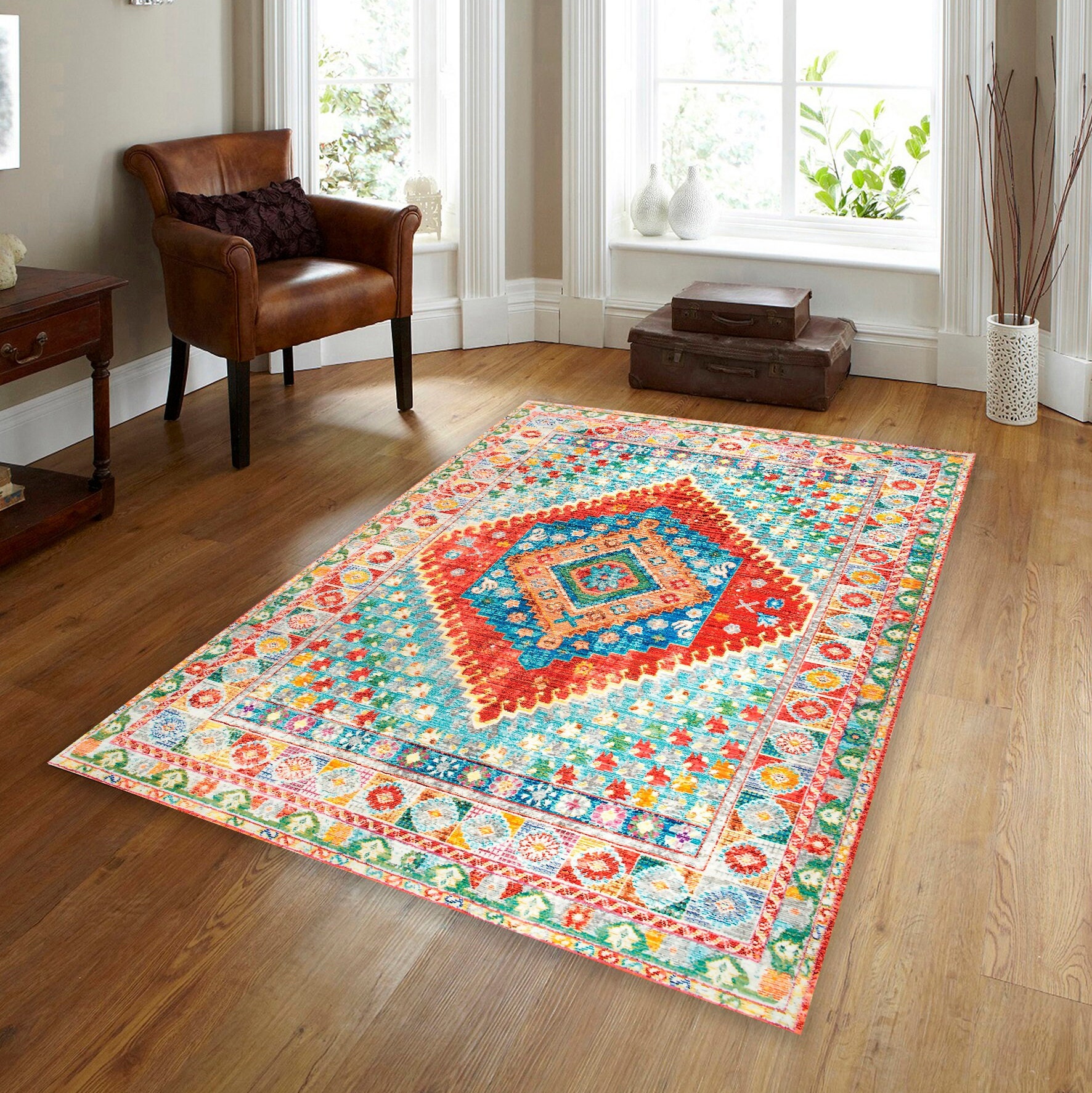 Bohemian Colorful Style Traditional Living Area Rug Non Slip Washable ...