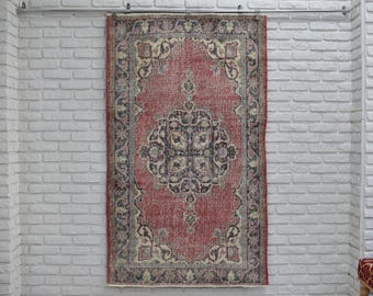 Rustic Red Hand Knotted Area Rug - 4x7 Vintage Carpet - Medallion Pattern Red and Blue Turkish Anatolian Rug