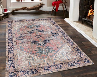 Pink Turkish Rug, Vintage Oushak Rug, 5x7 Rug, 4x6 Rug, Bohemian Decor, Salmon Pink Rug, Uniqur Rug, Geometric Rug, Light Pink Blue Rug