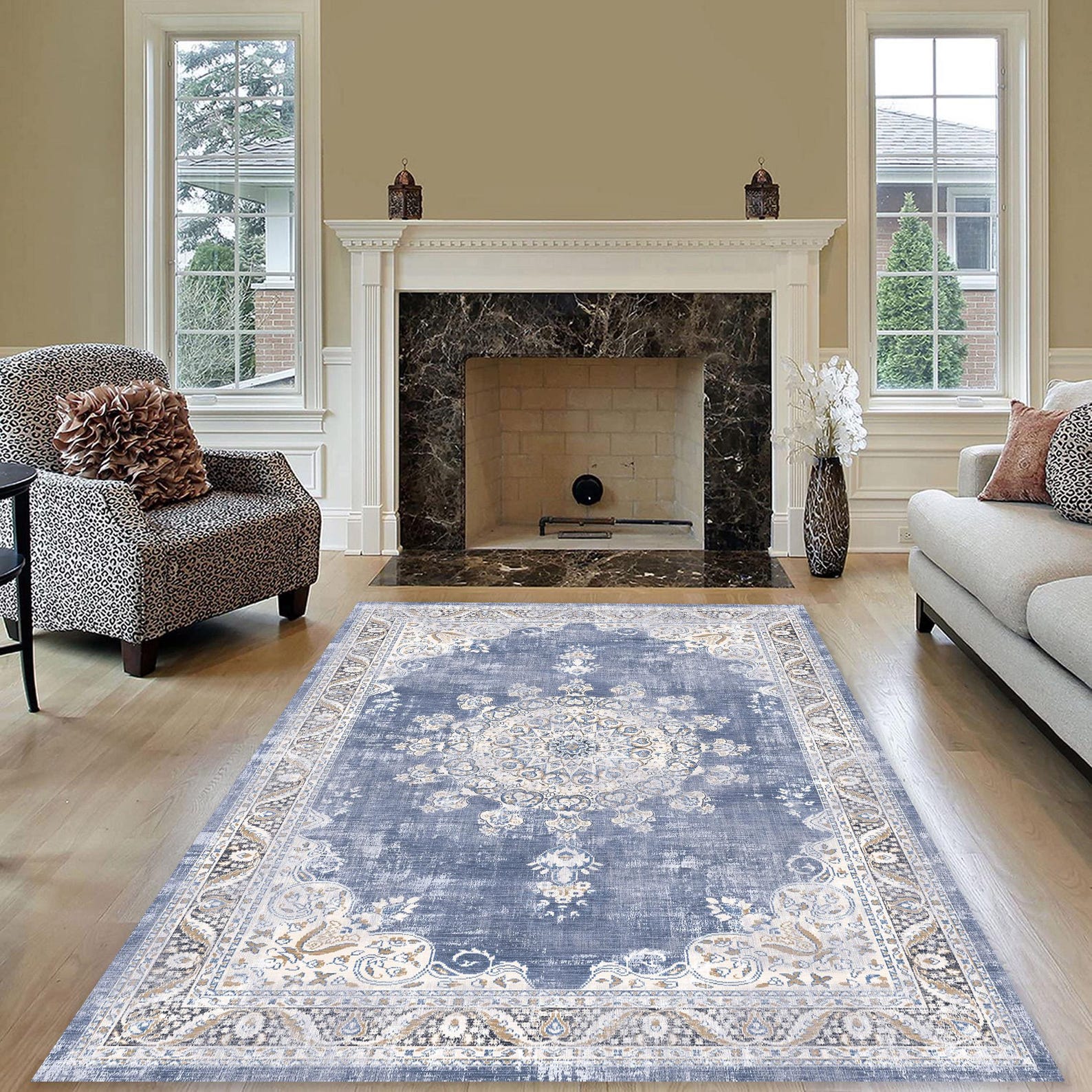 Traditional Blue Rugs Blue Traditional Rug Farmhouse Area Rug Geometric Distressed Living ...