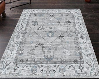 Gray Distressed Oushak Rug, Floor Rug, Boho Vintage Style Turkish Floral Area Rug